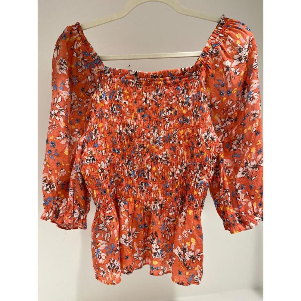 Nanette Lepore Smocked Floral Peplum Blouse Women's Small Square Neck